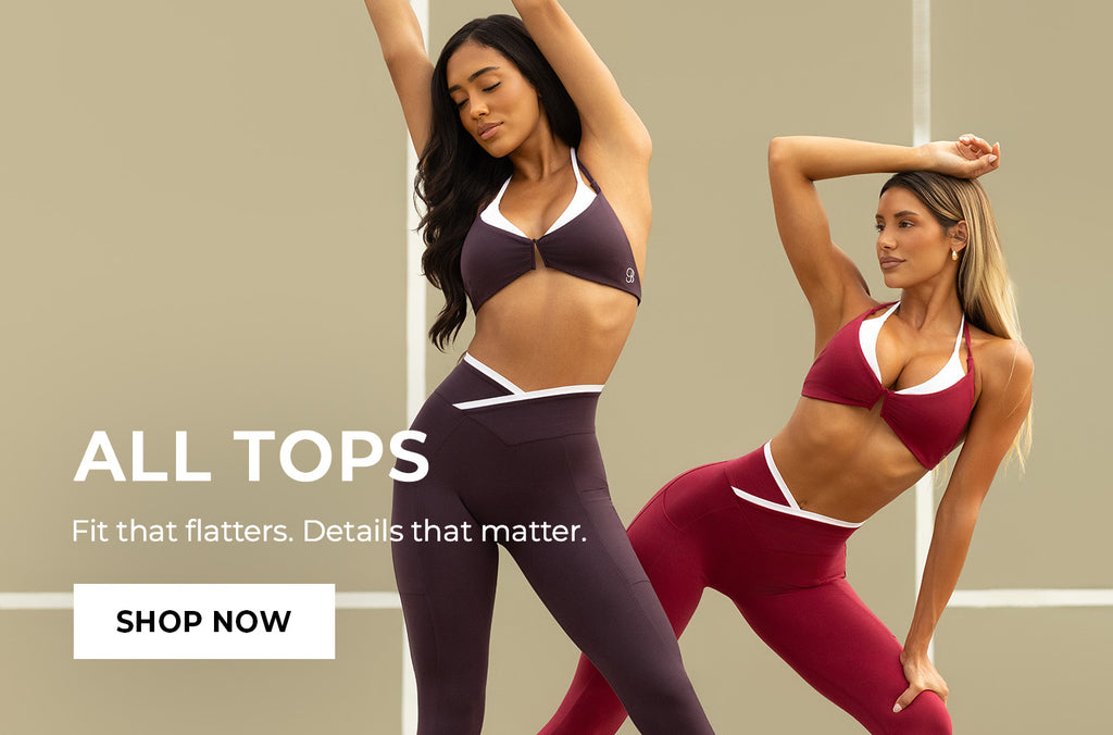 Two women posing in two tone sports bras and matching leggings. Text overlay reads: 'ALL TOPS Fit that matters. Details matter.' CTA button: 'SHOP NOW'