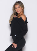 left side profile view of a model wearing the Allure Pullover in Black color