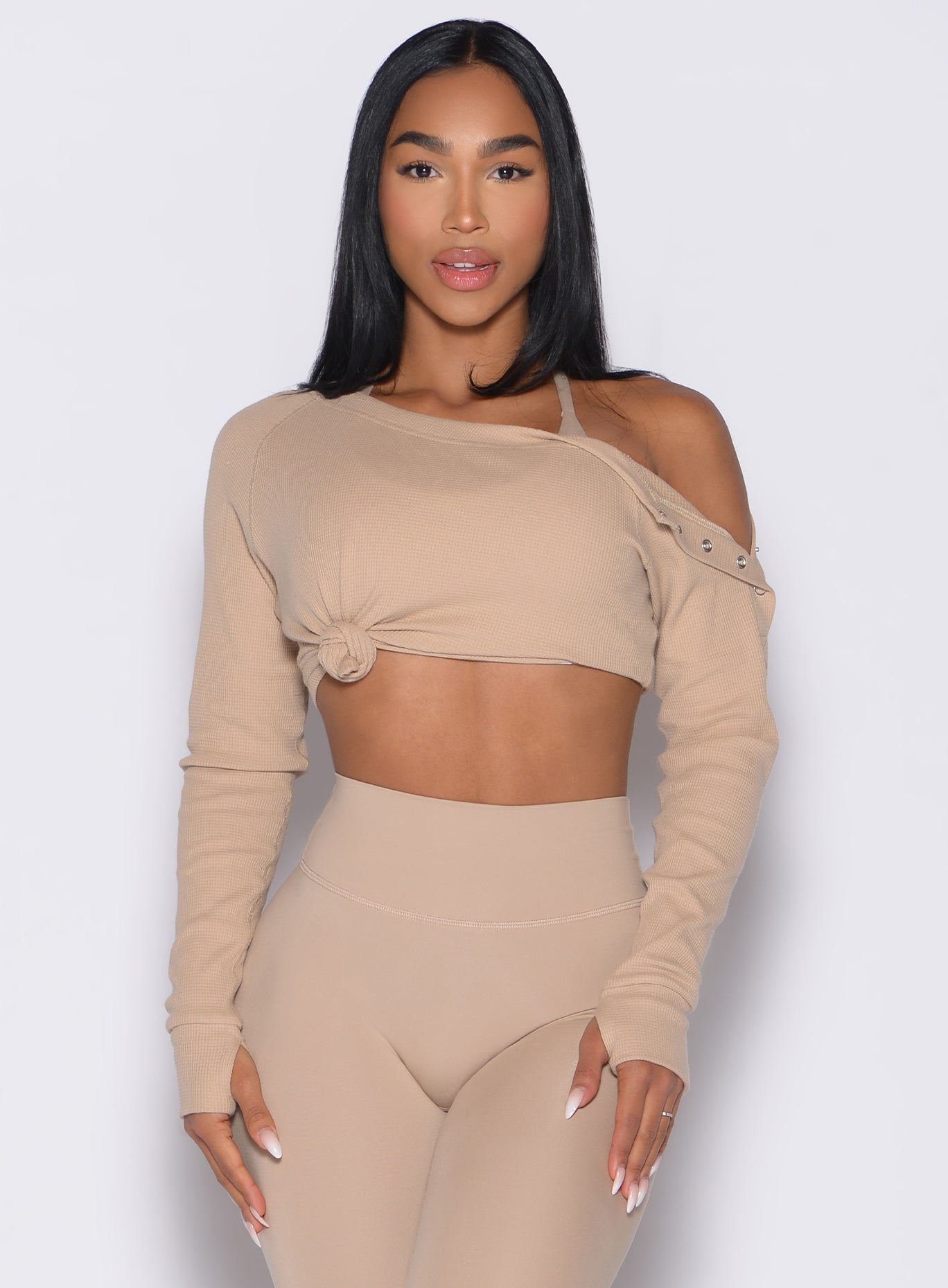 Glacial Beige Allure Pullover featuring waffle knit texture and chic snap shoulder detailing.