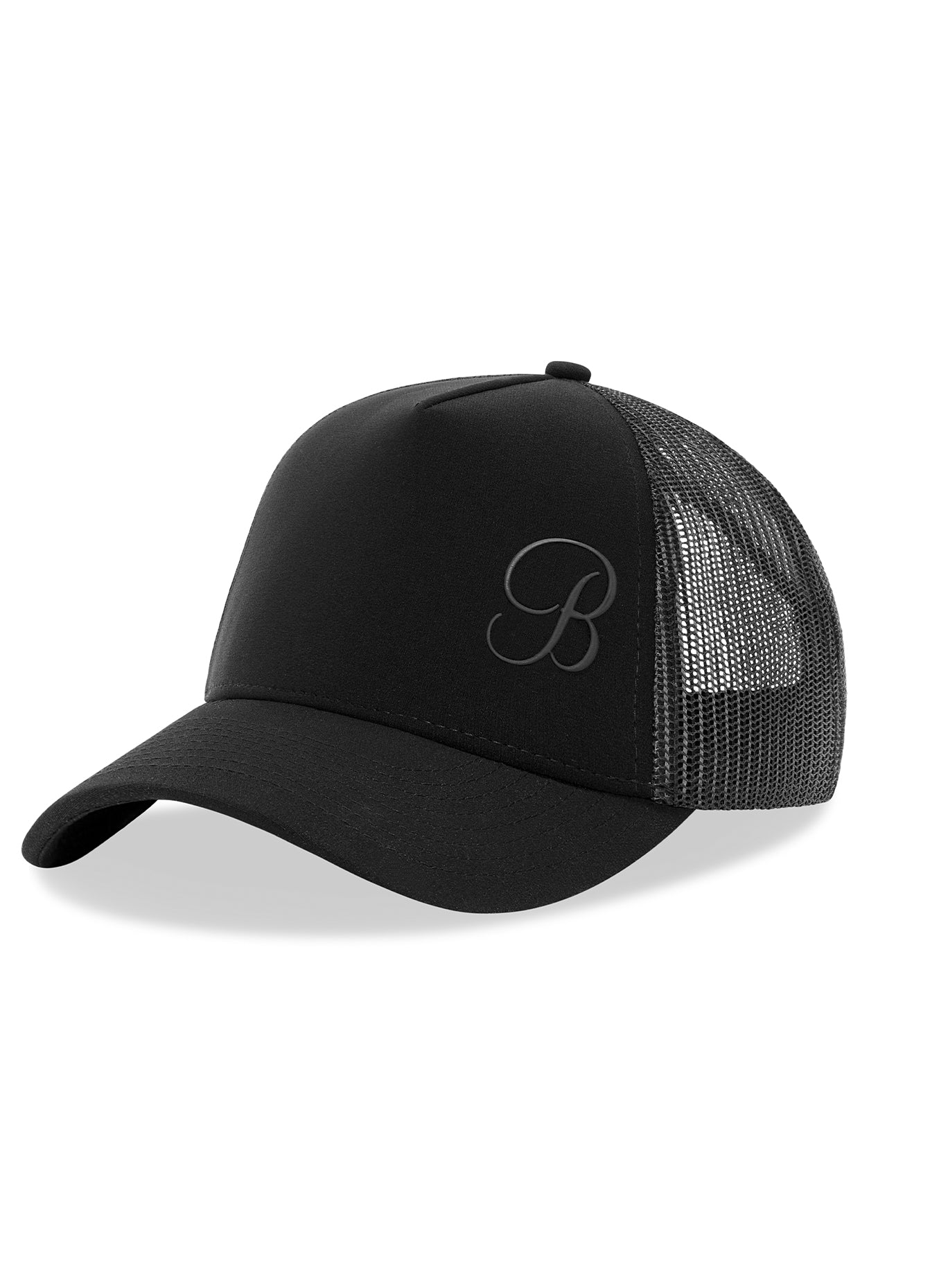 Black B Active Hat featuring a lightweight, breathable mesh design and a side profile view.