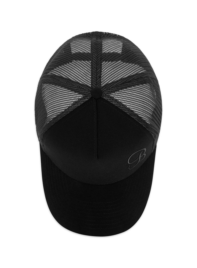 Top view of the black B Active Hat featuring a curved brim and breathable performance mesh.