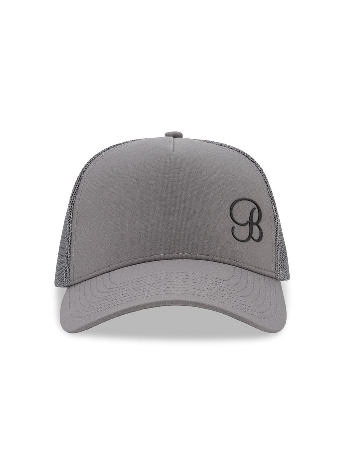 Gray B Active Hat featuring a structured brim, silicone B logo, and breathable mesh back panels.