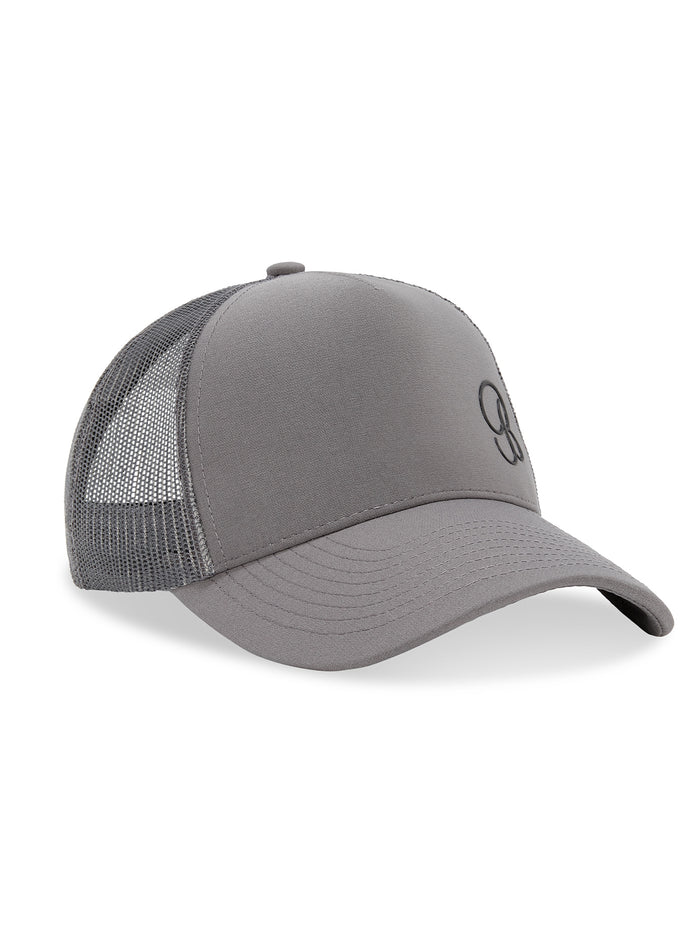 Right side view of the gray B Active Hat with a breathable mesh back and silicone logo.