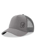 Left side profile of the gray B Active Hat featuring a breathable mesh back and silicone logo.