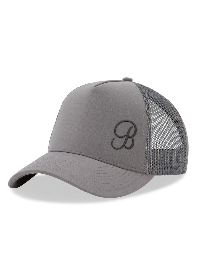 Left side profile of the gray B Active Hat featuring a breathable mesh back and silicone logo.