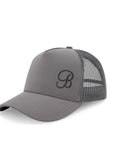 Left side view of the grey B Active Hat, a breathable and water-resistant performance gym cap.