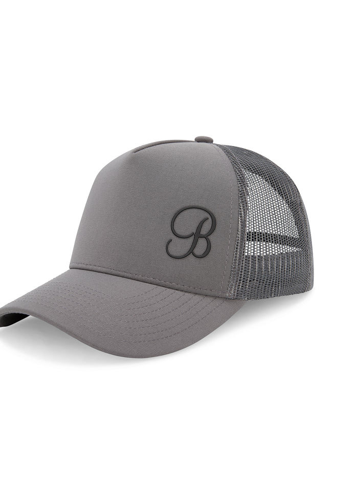 Left side view of the grey B Active Hat, a breathable and water-resistant performance gym cap.