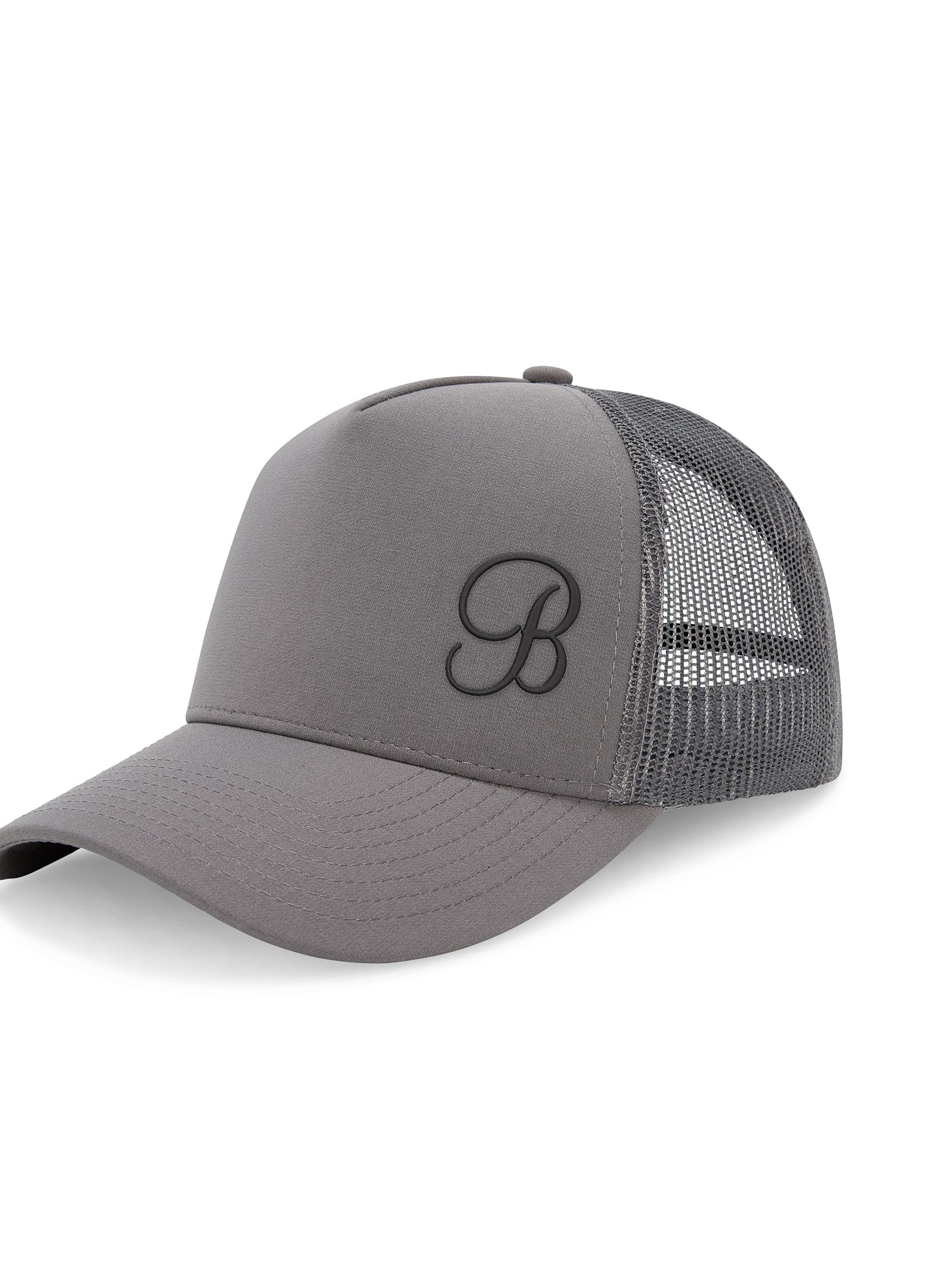 Left side view of the grey B Active Hat, a breathable and water-resistant performance gym cap.