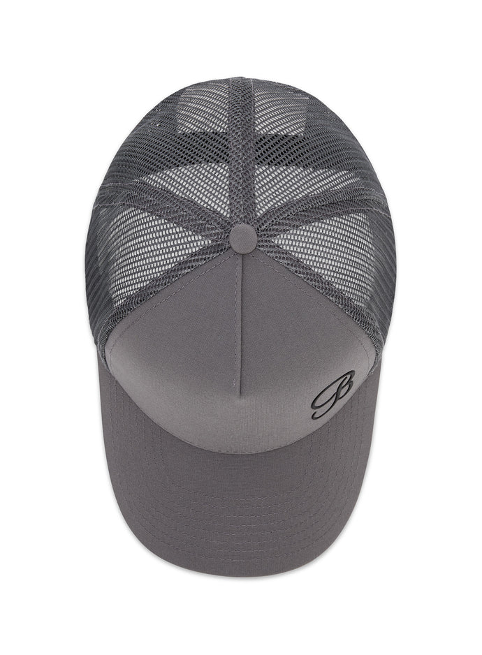 Top view of the grey B Active Hat, a breathable mesh trucker cap for fitness and active lifestyle.