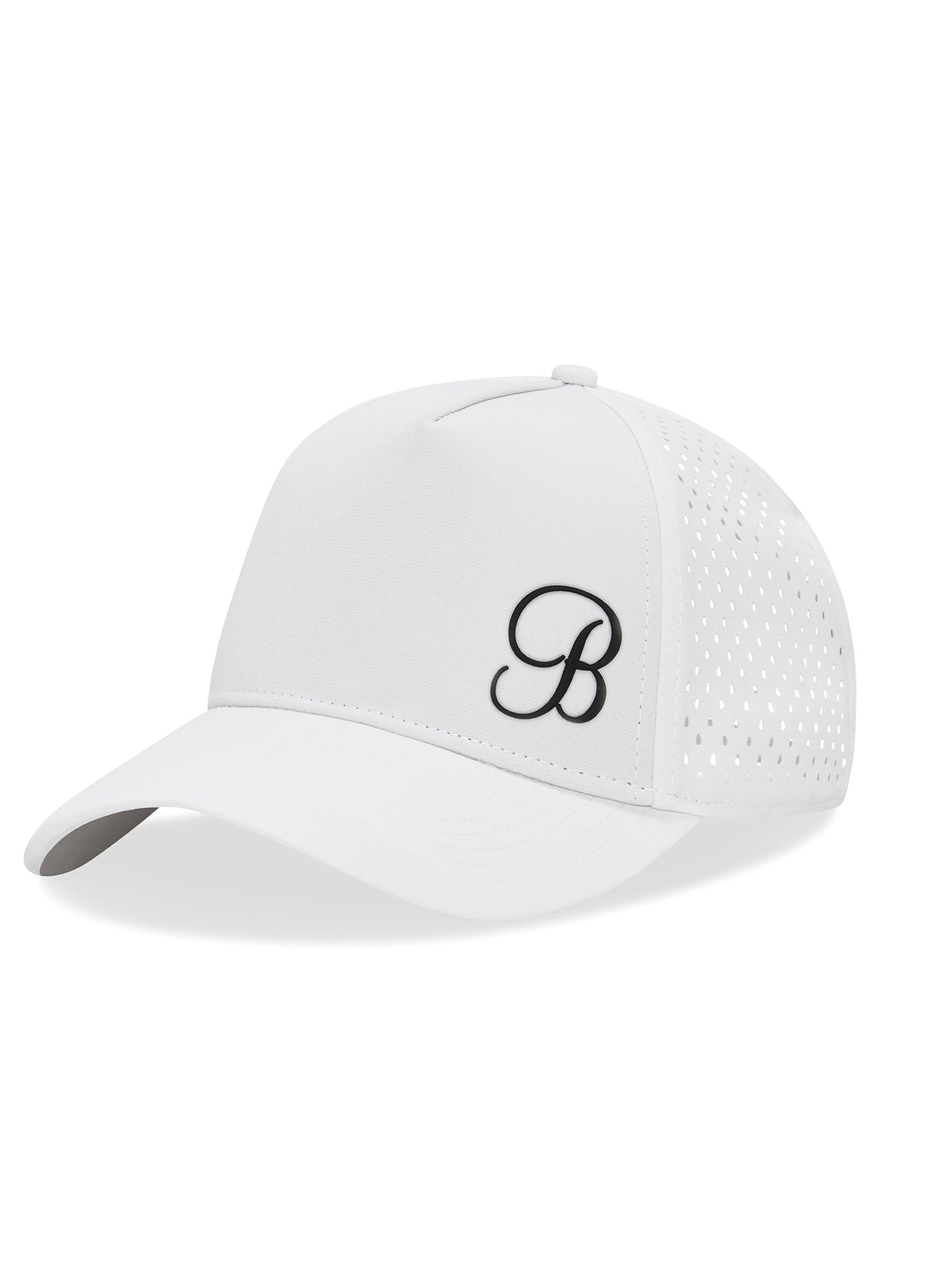 White B Active Hat in a left side view featuring a breathable mesh back and adjustable snapback.
