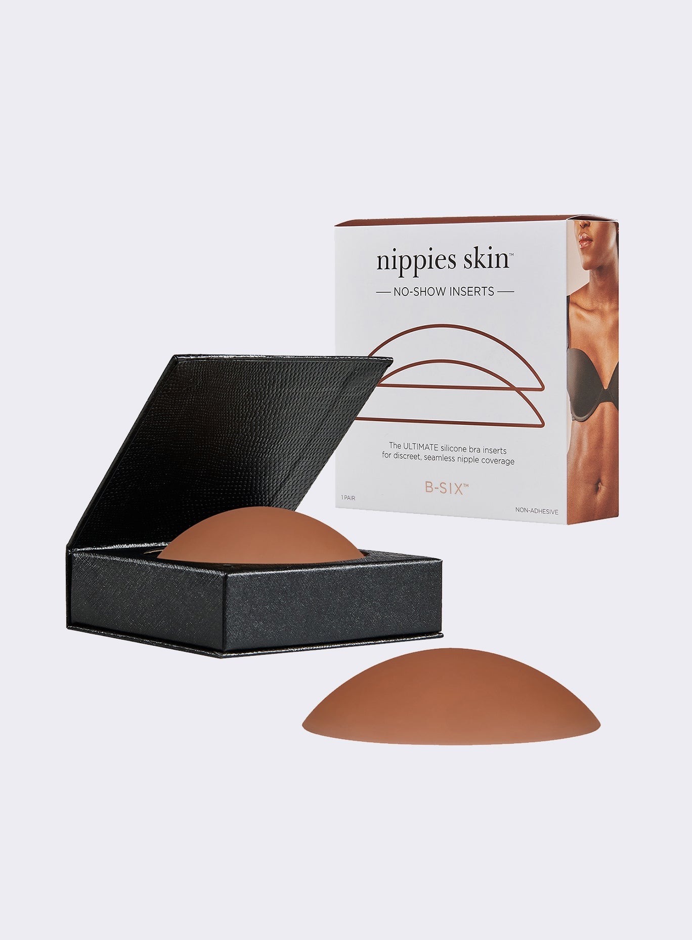 pictures of two nippies in hazelnut color and the  packaging box 