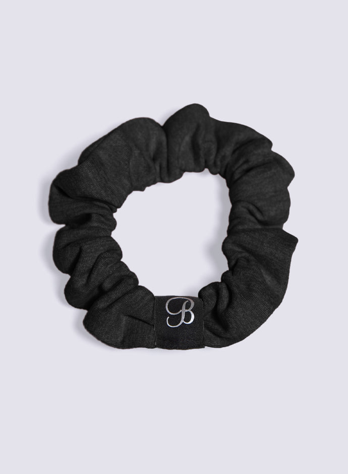 B Scrunchie in heathered black color viewed from the top