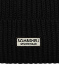 close up shot of the bombshell sportswear  logo on the  B Beanie in black color