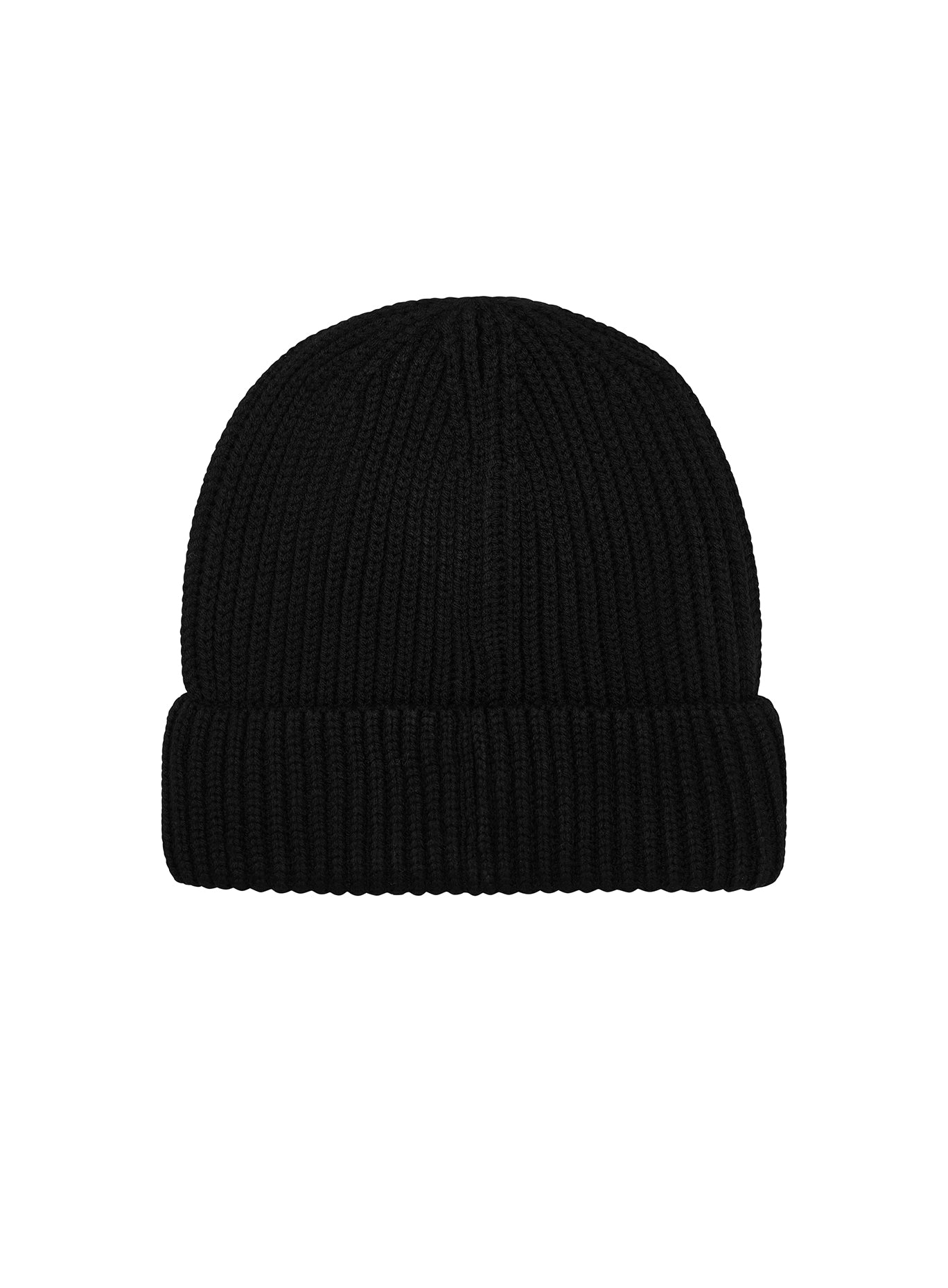 Back view of the black B Beanie featuring a chunky ribbed knit and classic cuffed design.