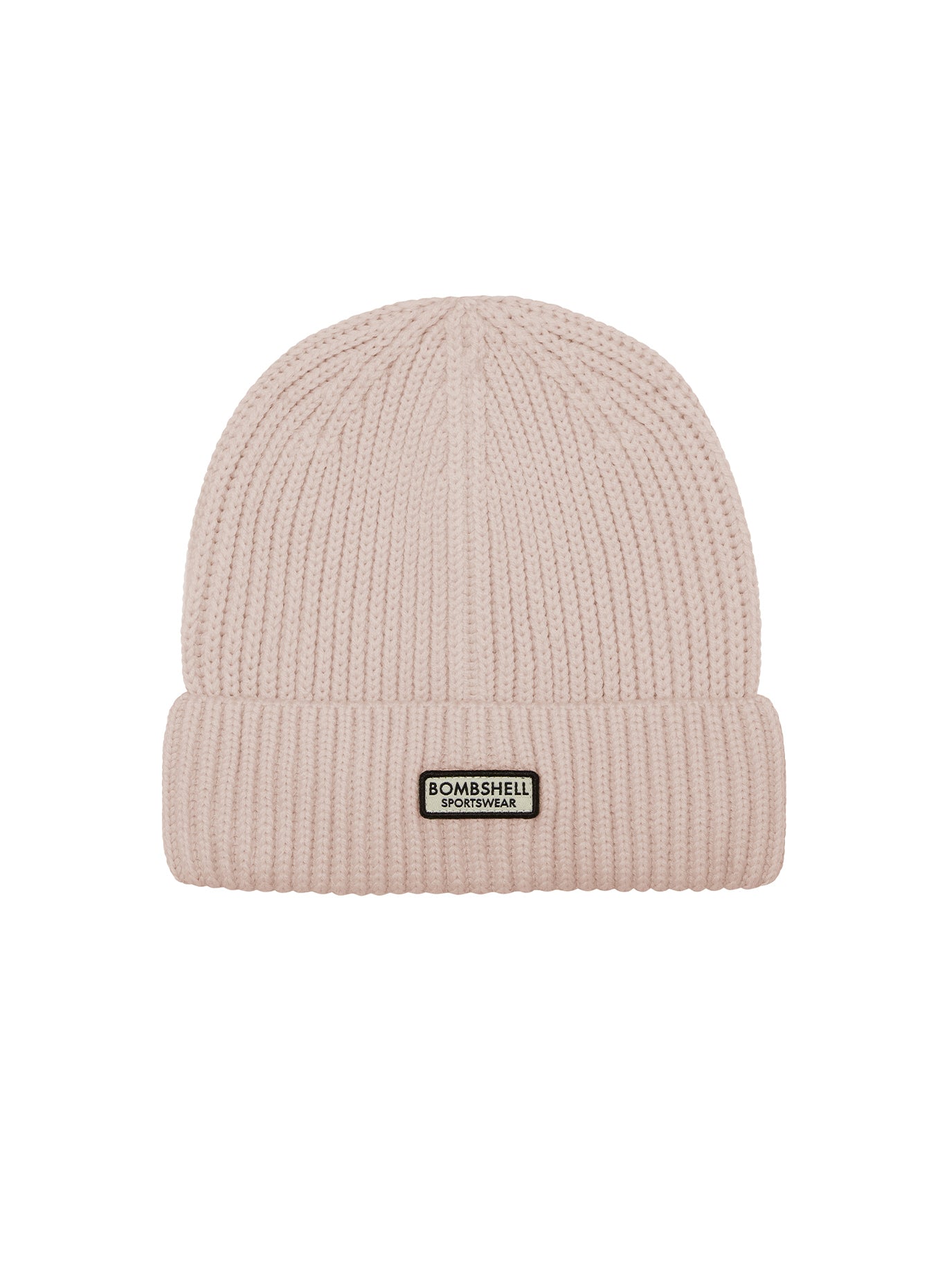 Cream B Beanie featuring a ribbed knit design and cuffed brim for a stylish winter gym look.