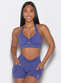 front profile view of a model wearing the Backless Knot Bra in future dusk color
