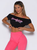 Black Star Power Tee, a lightweight, off-the-shoulder gym shirt with a relaxed, drapey fit.