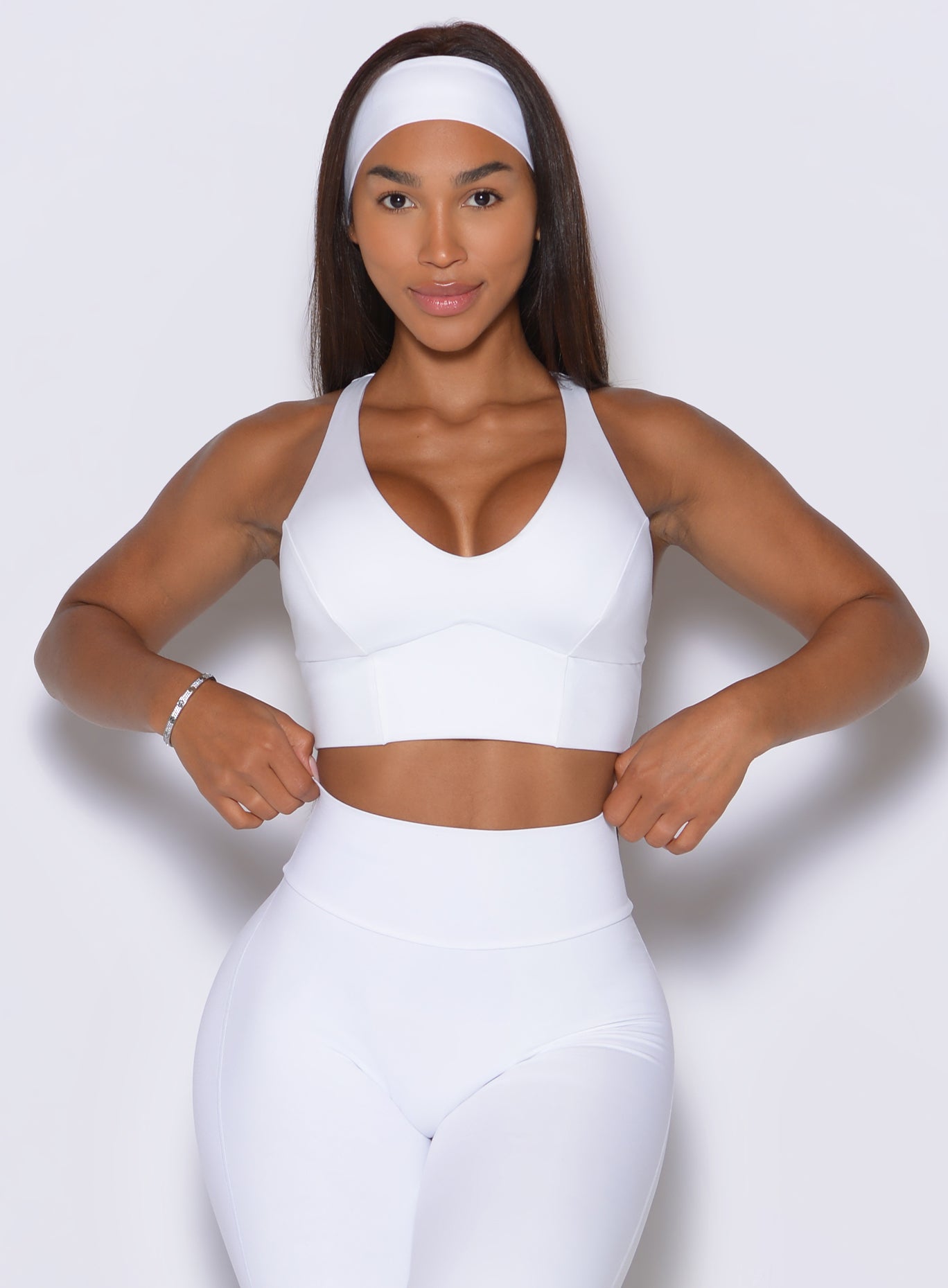 Clean front view of the white Body sculpt bra, highlighting the seamless, contoured compression