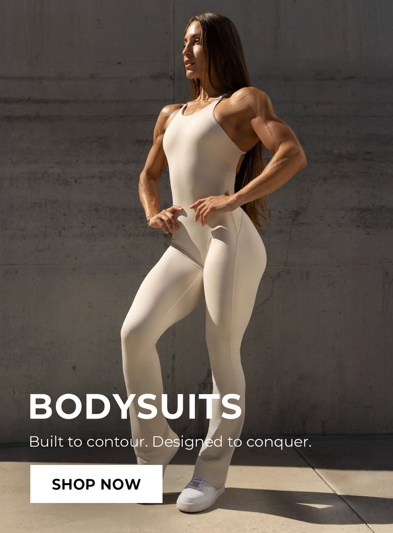 Fit woman wearing a beige athletic bodysuit. Text overlay reads: 'BODYSUITS Built to contour. Designed to conquer.' CTA button reads: 'SHOP NOW'