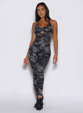 front profile view of a model wearing the Bombshell Bodysuit in Gray/Black camo color