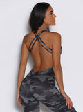 close up back side view of a model wearing the Bombshell Bodysuit in Gray/Black camo color
