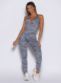 Silver Camo Bombshell Bodysuit featuring a sculpting fit, open back, and built-in push-up bra.