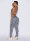 Silver Camo Bombshell Bodysuit in a side profile view featuring a sculpting and compressive fit.
