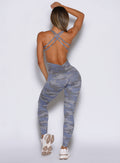 Silver Camo Bombshell Bodysuit featuring a sculpting fit and strappy back profile design.