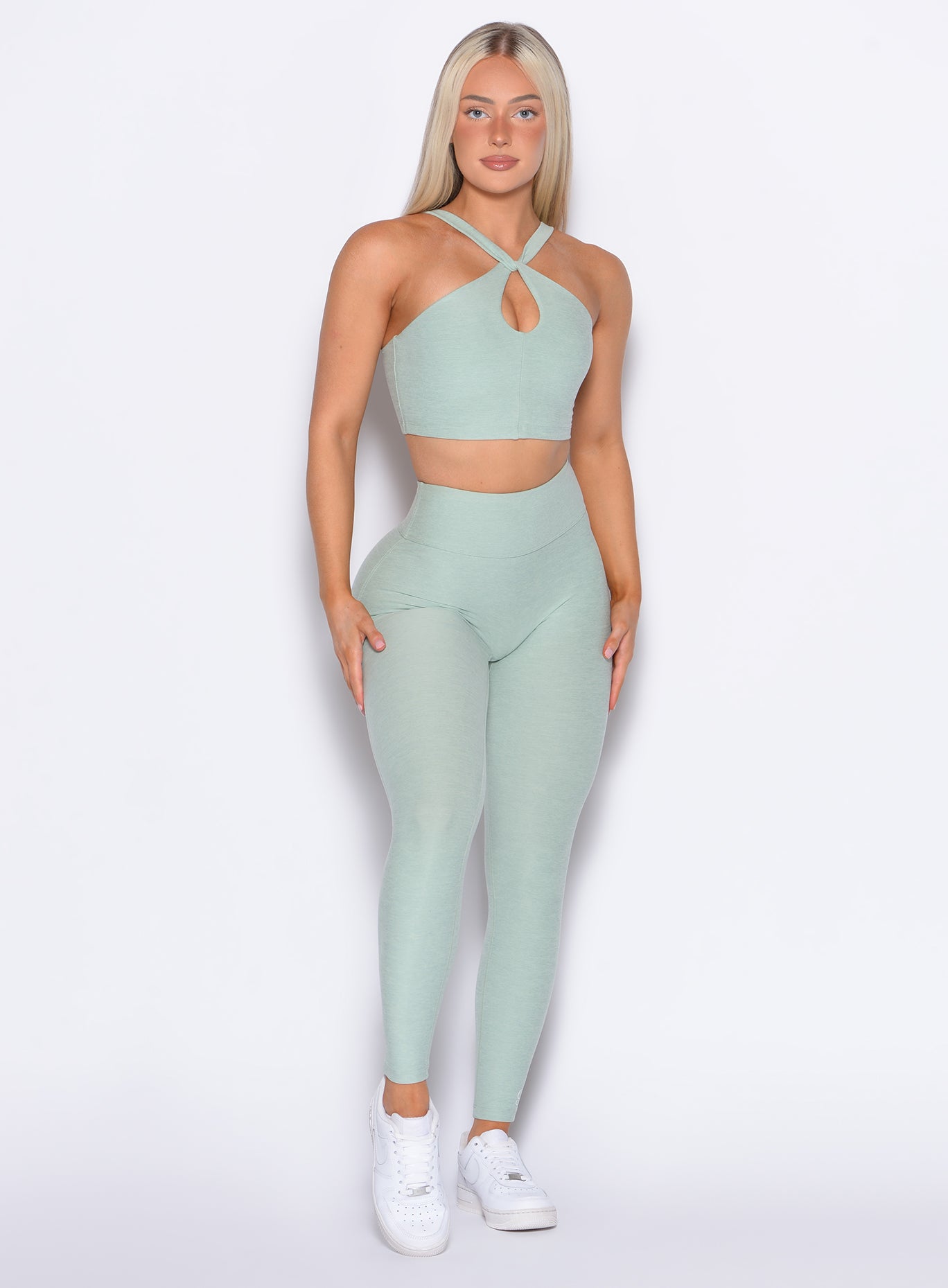 Sculpting Soft Aloe Bombshell Bunny Leggings with sweetheart seams for a contoured gym silhouette.