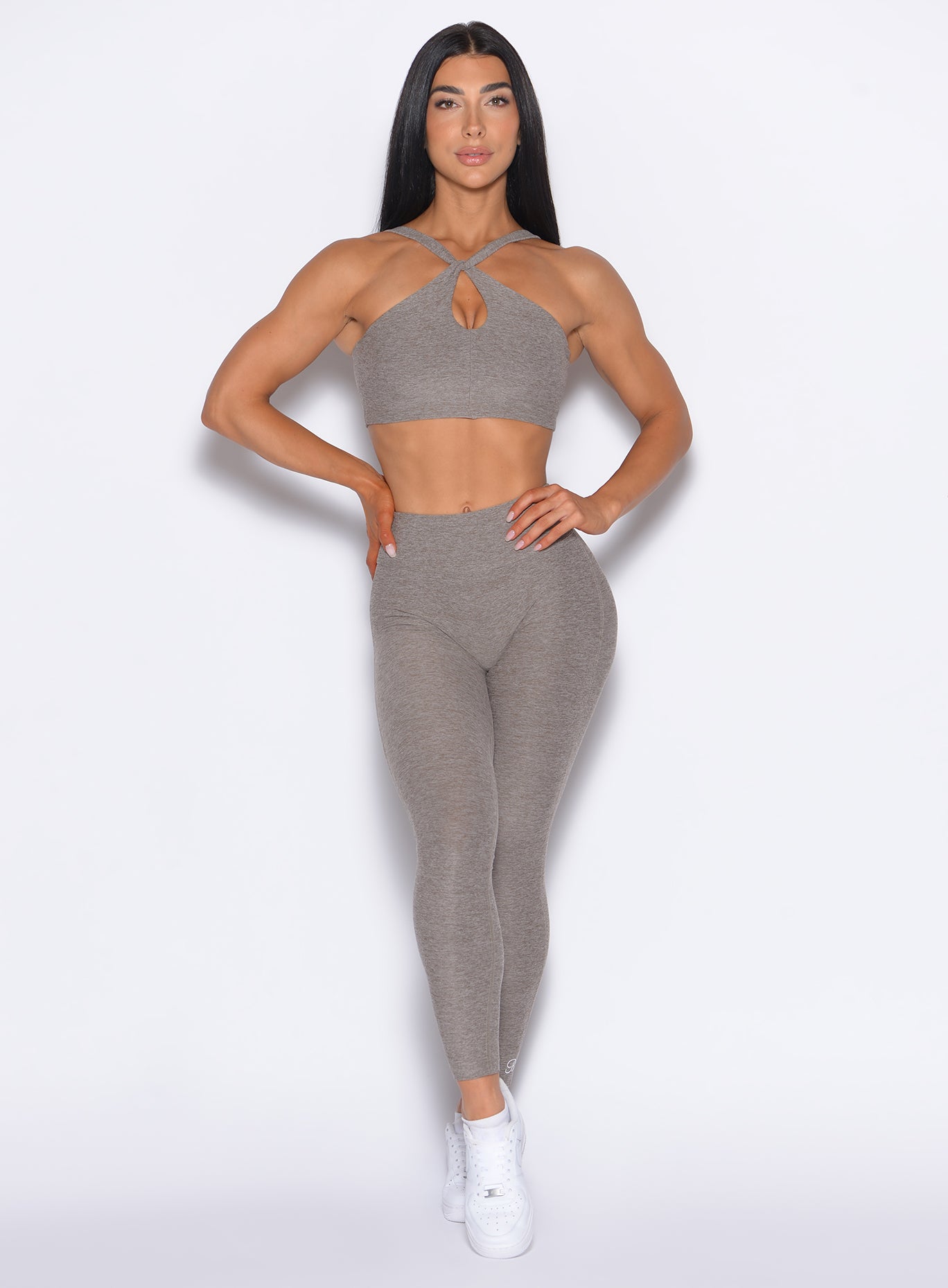Smoked Taupe Bombshell Bunny Leggings; mid-waist heathered fabric for a sculpted, performance fit.