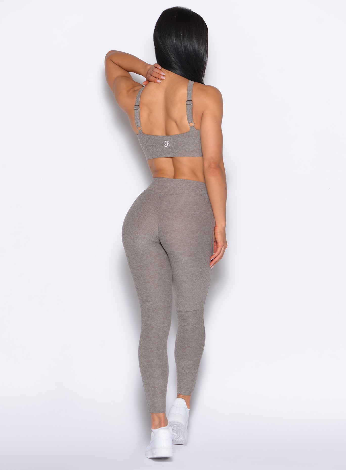Heathered Smoked Taupe Bombshell Bunny Leggings with a sweetheart seam for a sculpting gym fit.
