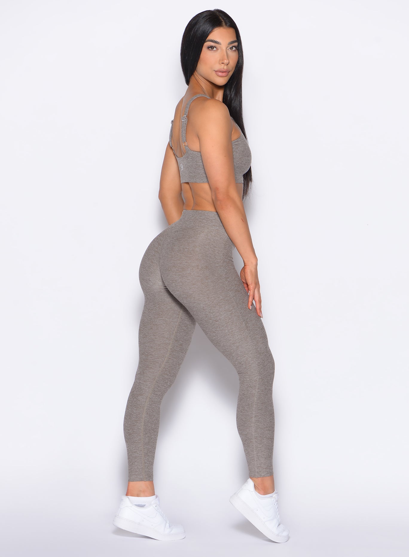 Smoked Taupe Bombshell Bunny Leggings; heathered fabric and sweetheart seams for sculpting gym sets.