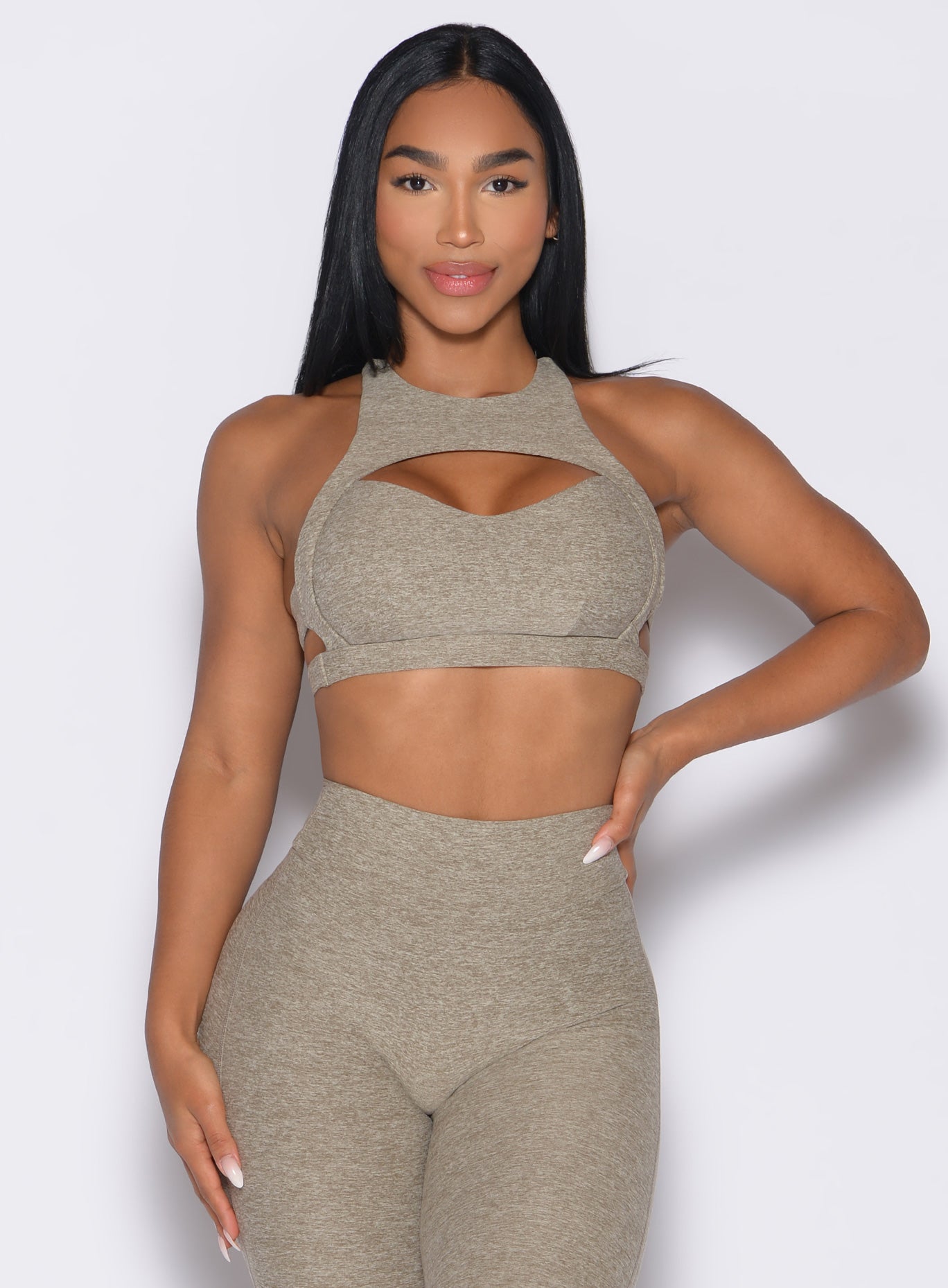Toasted Sugar Powerhouse Bra with a front keyhole and supportive elastic band for gym training.