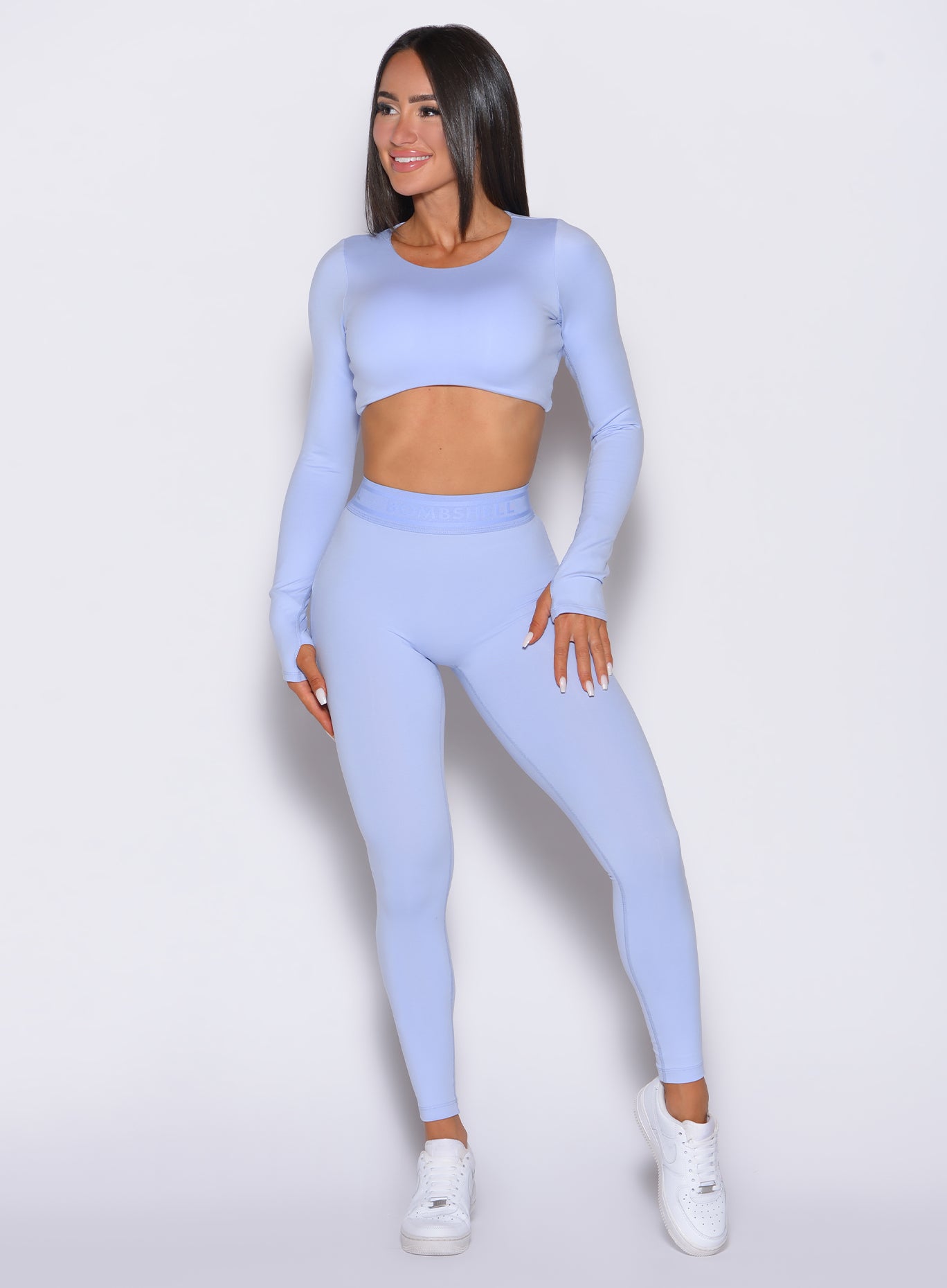Baby Lavender Bombshell Active Leggings with branded elastic waistband for gym support.
