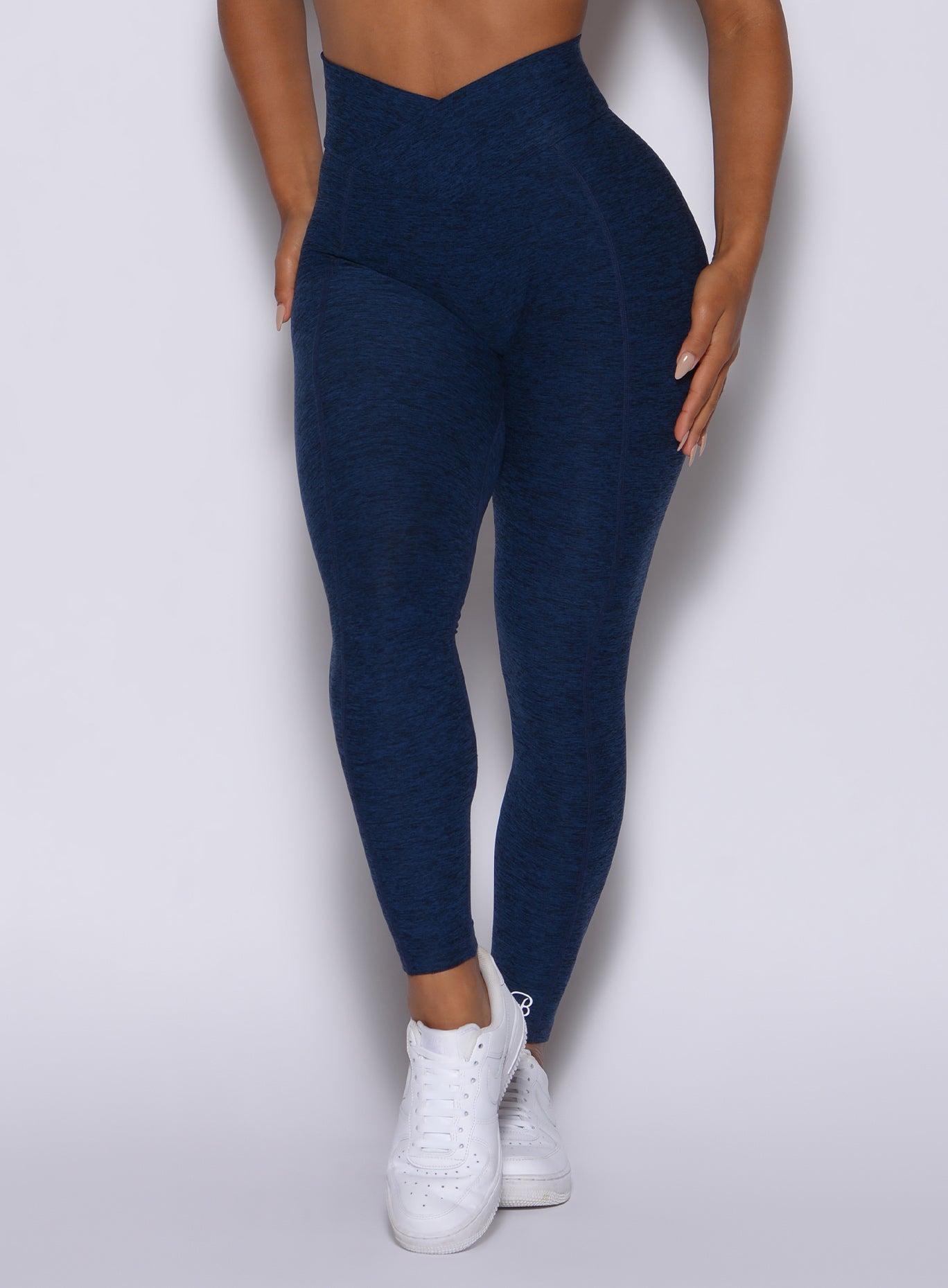 Zoomed in front view of our Brazilian contour leggings in sapphire blue color  