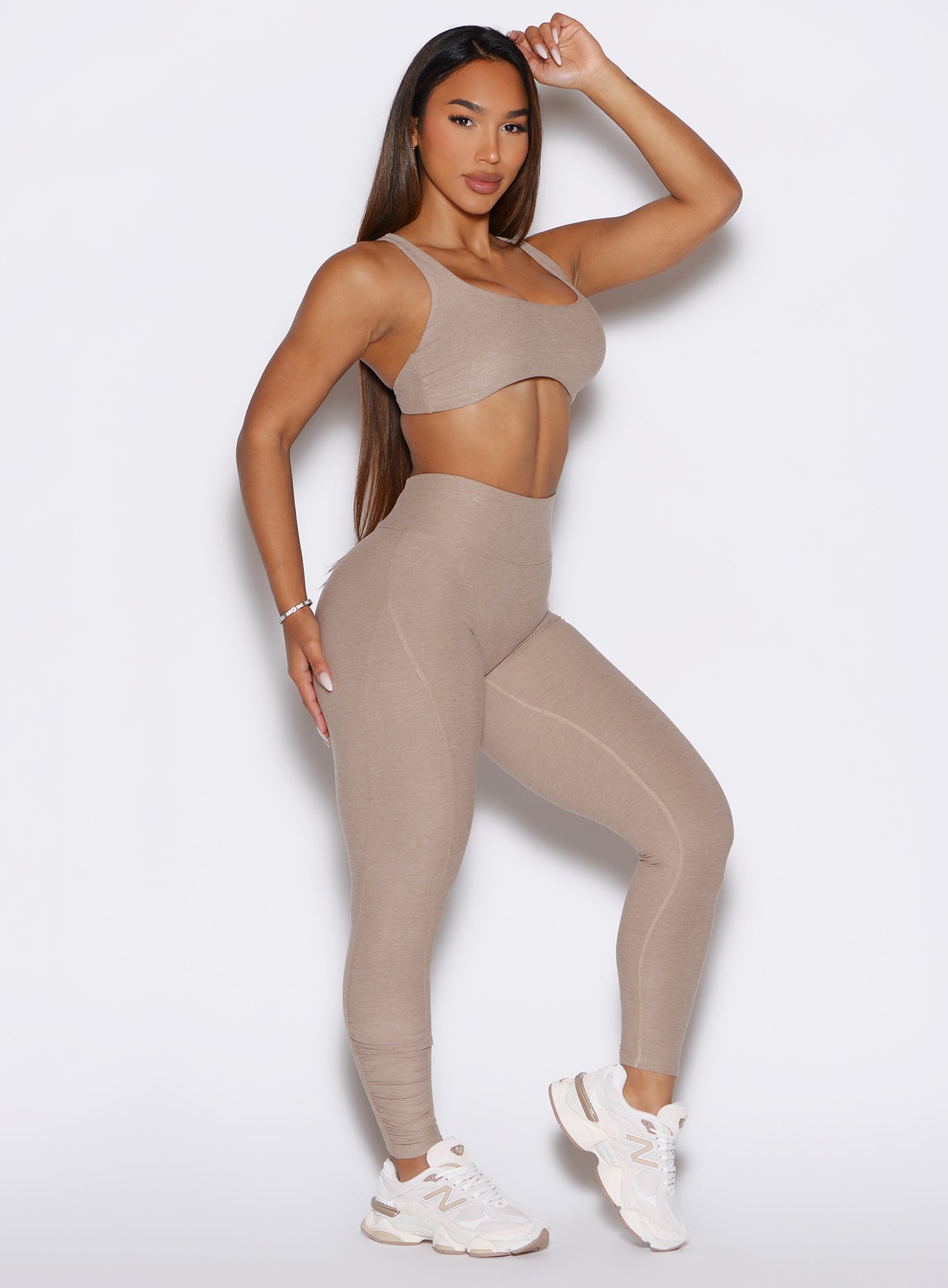 Desert Taupe Built Leggings in a front right side profile view, showcasing a sculpting gym fit.