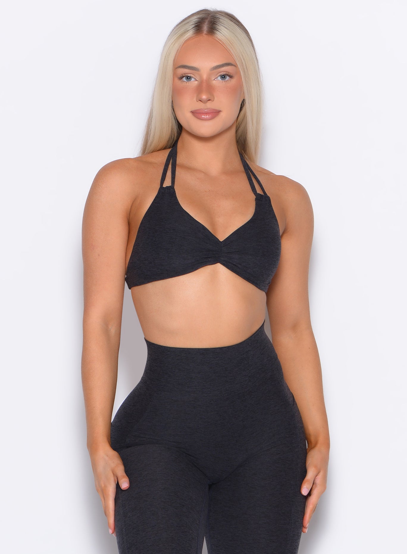 Onyx Butterfly Sports Bra with a deep V-front and double neck straps for high-impact gym lifting.
