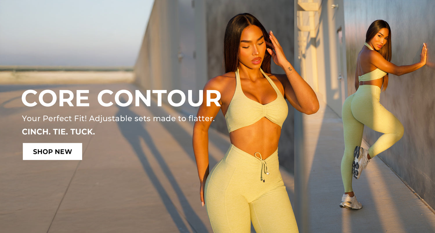 Woman in light green athletic wear posing outdoors with promotional text for 'Core Contour' products. Additional text: Your perfect fit adjustable sets made to flatter. Cinch, tie, tuck SHOP NOW"