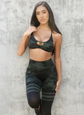 Green and Black Camo She Owns It Bra with a supportive scoop neck and performance stretch fit.
