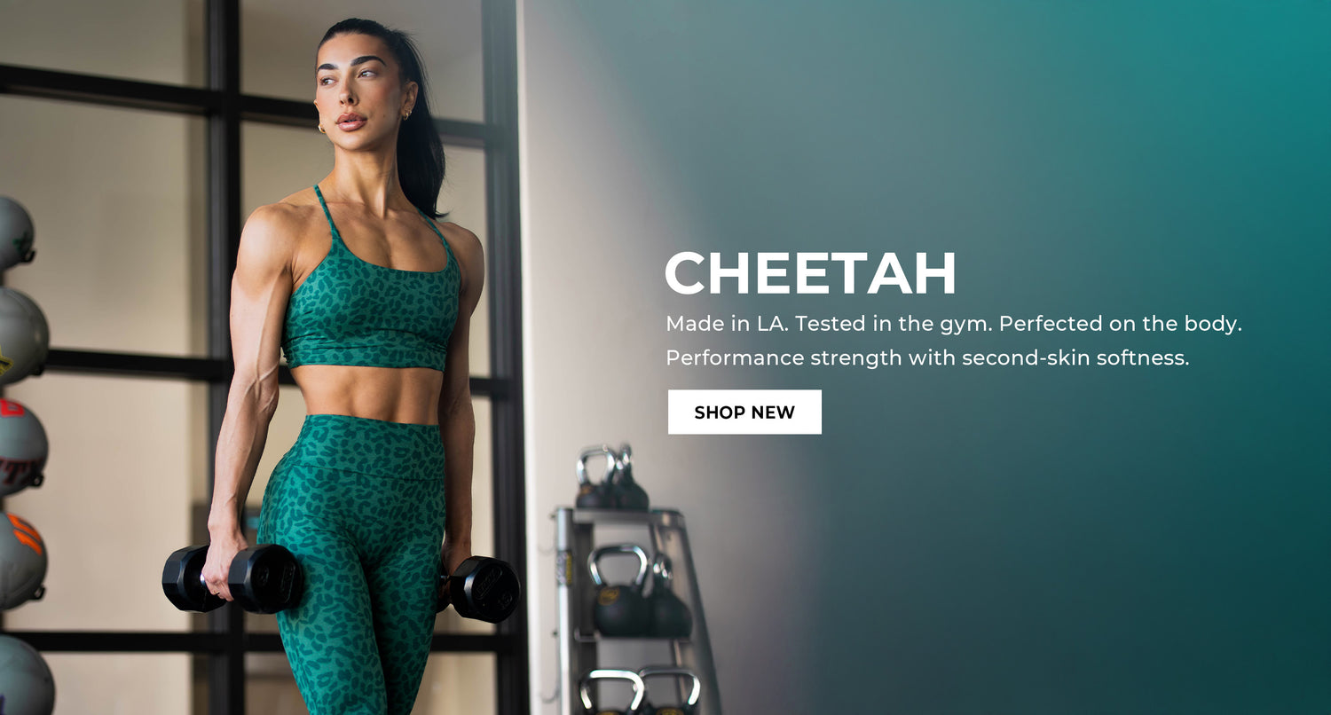 Woman in green cheetah print athletic wear holding dumbbells with Cheetah branding text that says "CHEETAH Made in LA. Tested in the gym. Perfected on the body. Performance strength with second-skin softness. SHOW NEW"