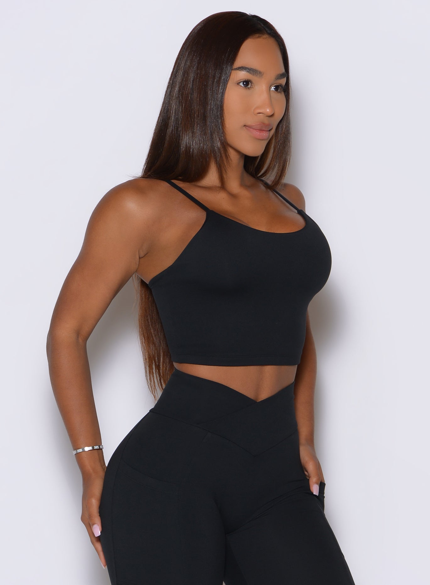 Soft stretch construction hugs the figure comfortably for a sleek side profile