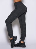 close up left side view of a model wearing the Cloud Comfort Joggers in charcoal color