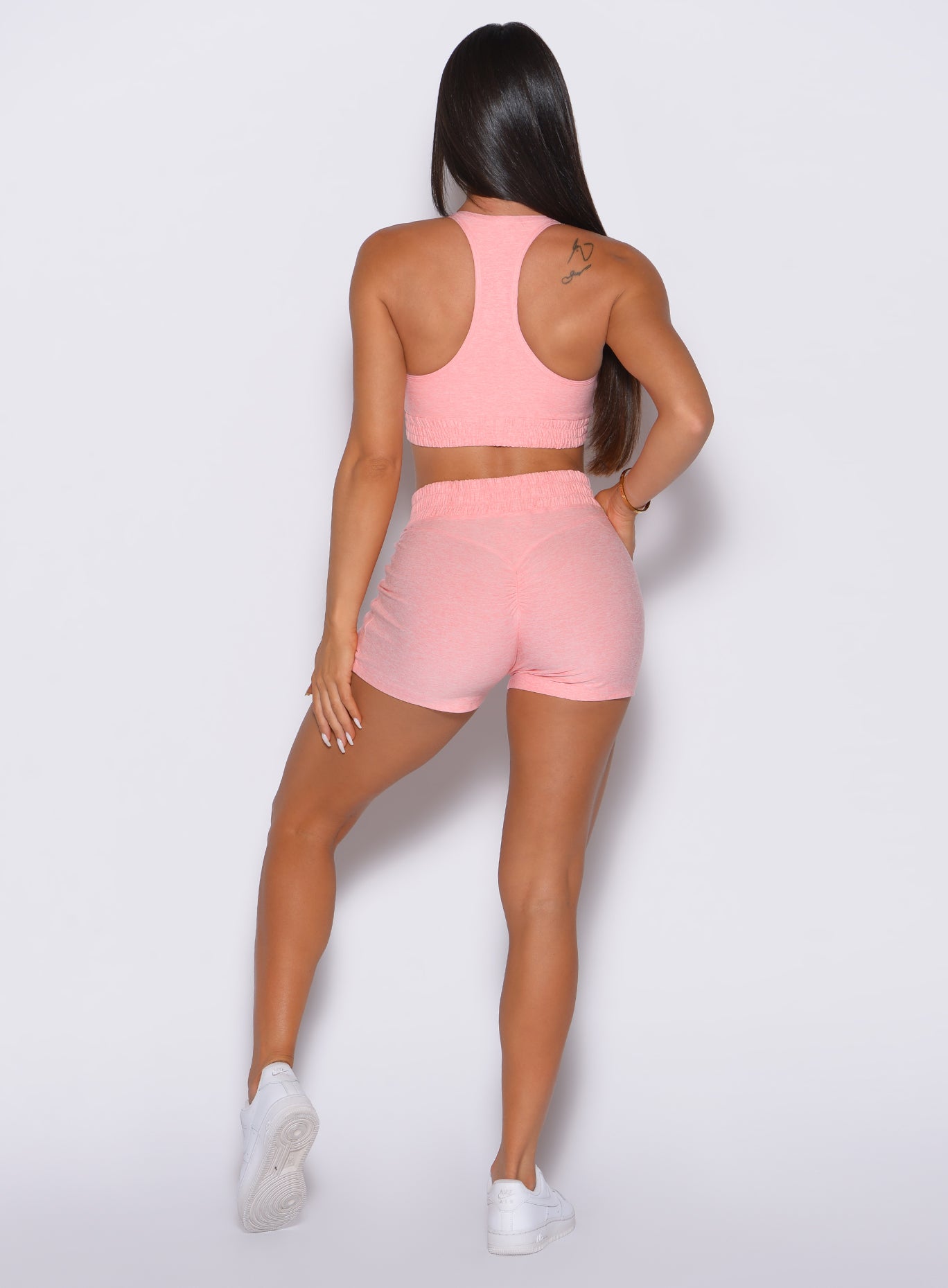 Peachy Pink Cloud Comfort Shorts with a scrunched elastic waistband; cozy fleece lounge essentials.