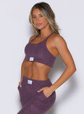 front left side profile view of a model wearing the Cloud Lounge Bra in regal purple color