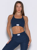 front view of a model wearing the Cloud Lounge Bra in Sapphire Blue color