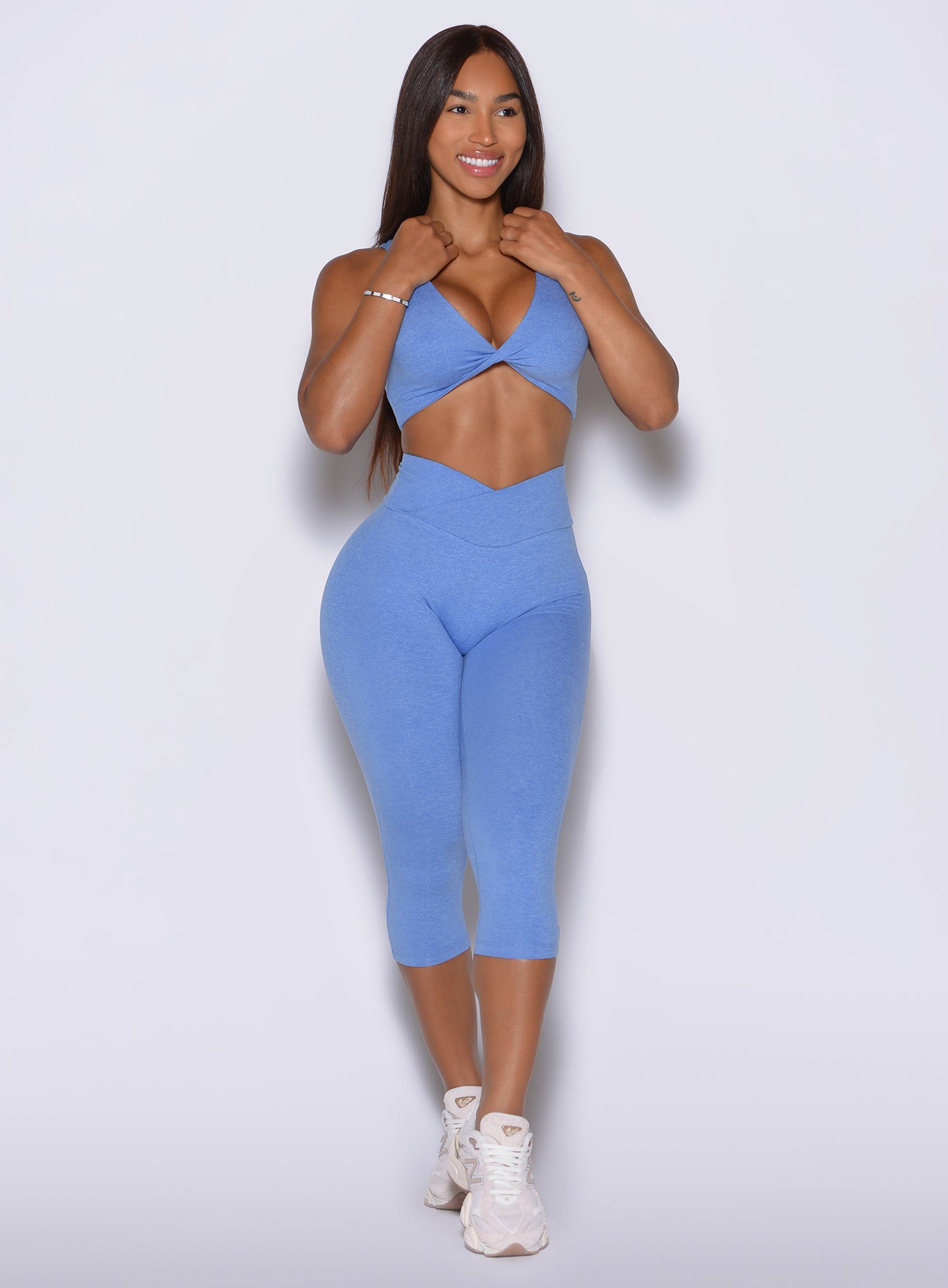Boss Blue Contour Capri Leggings with a snatched V-cut waist for a sculpted gym look