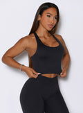 Heathered Black Core Comfort Tank featuring a scoop neck and side-profile fit for active performance.