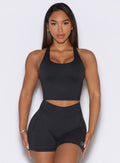 Heathered Black Core Comfort Tank and matching gym shorts in a front profile view.