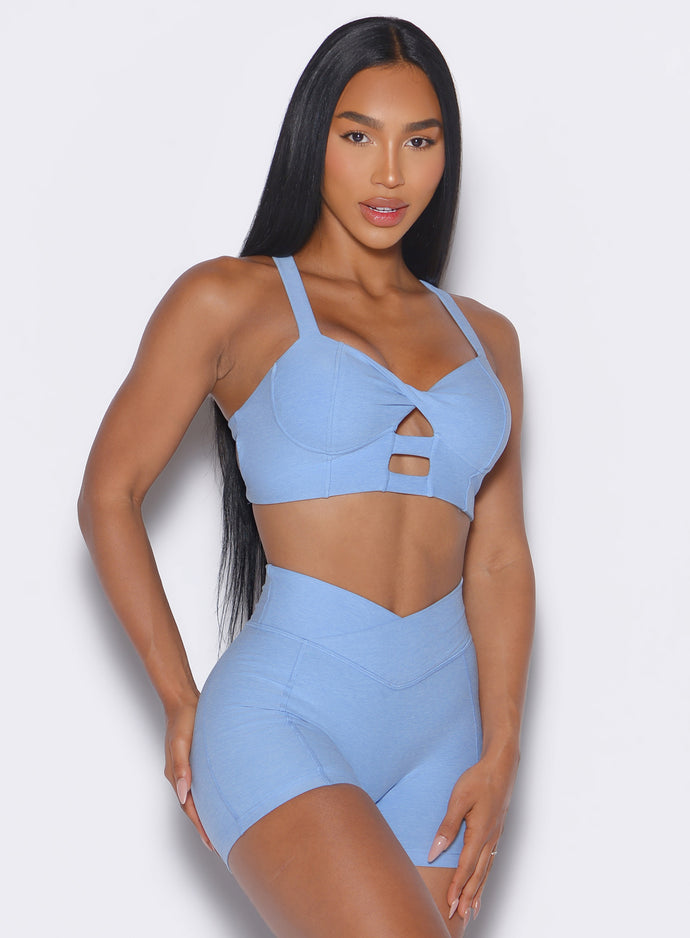 Bright Hydrangea Core Set Bra with strappy open back and front keyhole for gym performance.