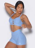 Bright Hydrangea Core Set Bra featuring front keyhole and push-up cups for gym performance.